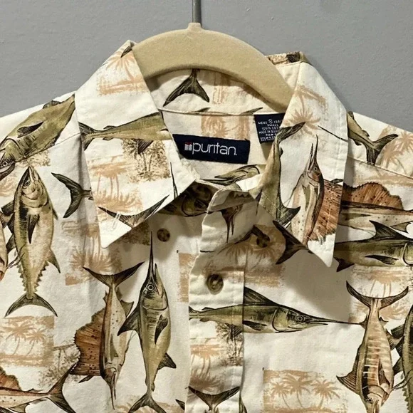 Puritan Mens Brown Marlin Fish Hawaiian Button Down Shirt Small Short Sleeve - Picture 4 of 9